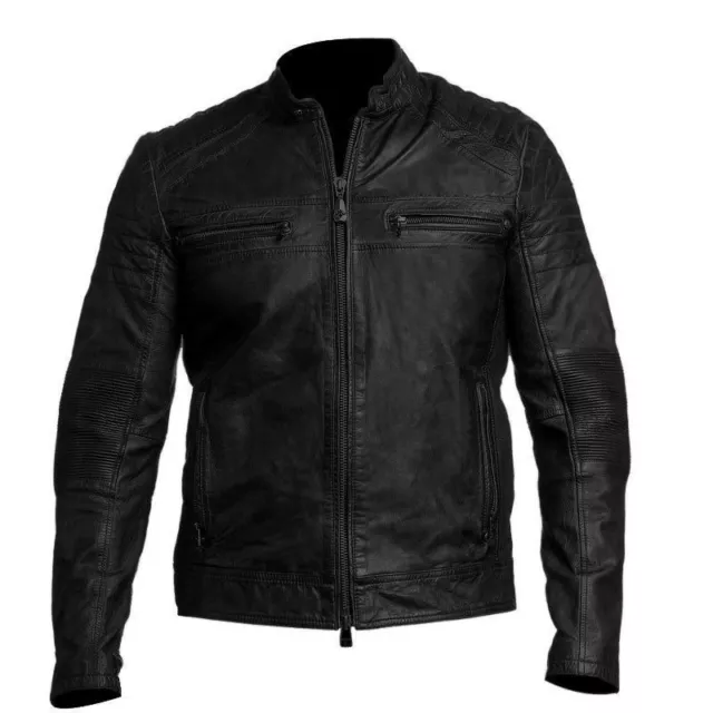 Giacca in pelle da uomo biker vintage moto effetto invecchiato nera Cafe Racer