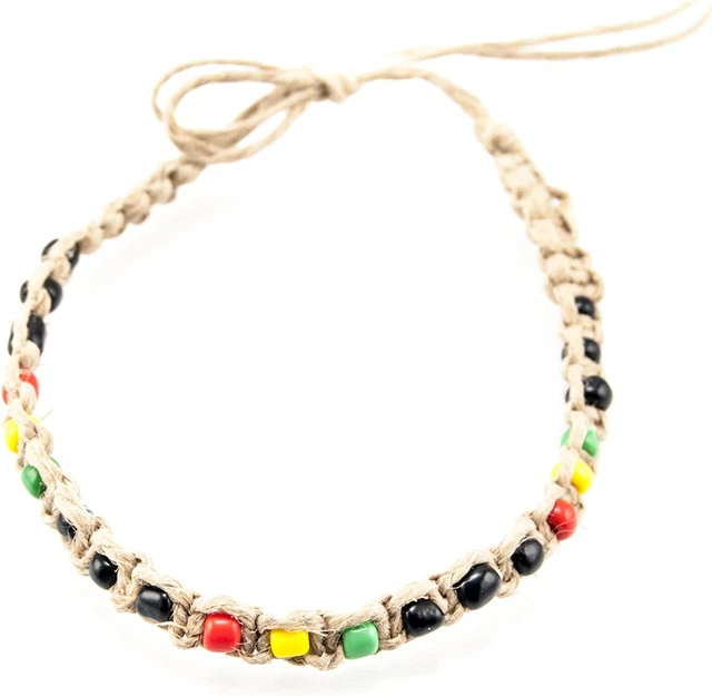 Hemp Anklet Bracelet with Rasta Beads