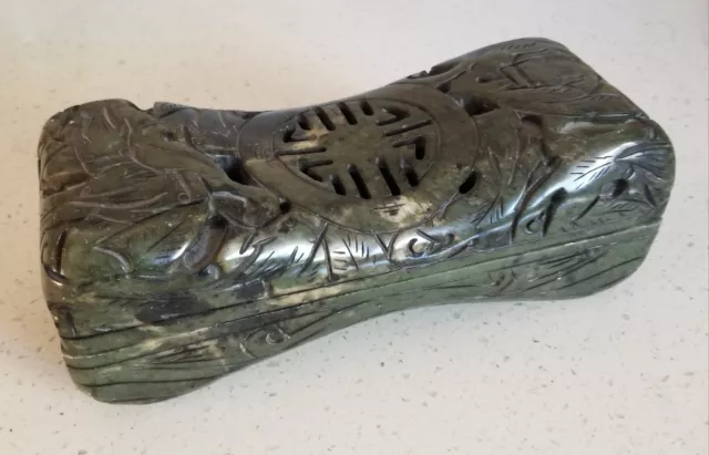 Antique Chinese Spinach Jade Or Hard Stone Opium Pillow Box Dragon & Longevity