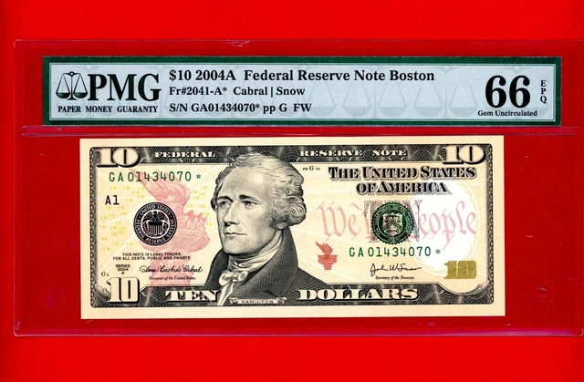 2004 $10 Star Note Fr 2004A Pmg 66 Epq Gem Unc S/N Ca 01434070 *