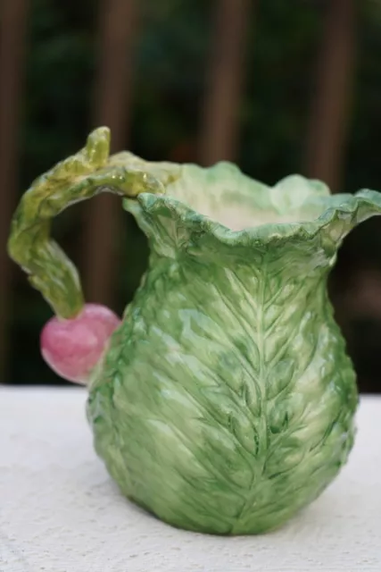 Vintage Cabbage/Lettuce Green Majolica Water Pitcher Radish/Turnip Handle