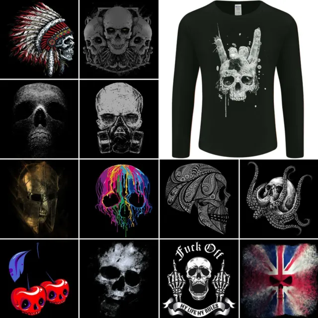 Skull Long Sleeve T-Shirt Mens Biker Tattoo Viking Grim Reaper Gym Rock n Roll