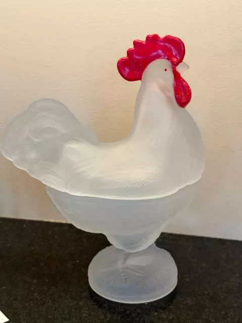 Vintage Frosted Glass 2 Piece Majestic Head Up Rooster Candy Dish 9" RED COMB