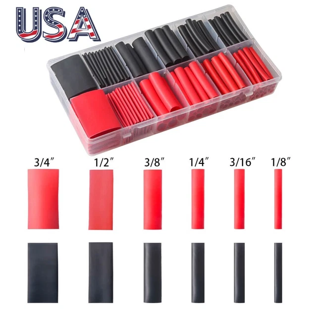 260Pcs Black Red 3:1 Ratio Heat Shrink Dual Wall Adhesive Glue Lined Tubing Kit