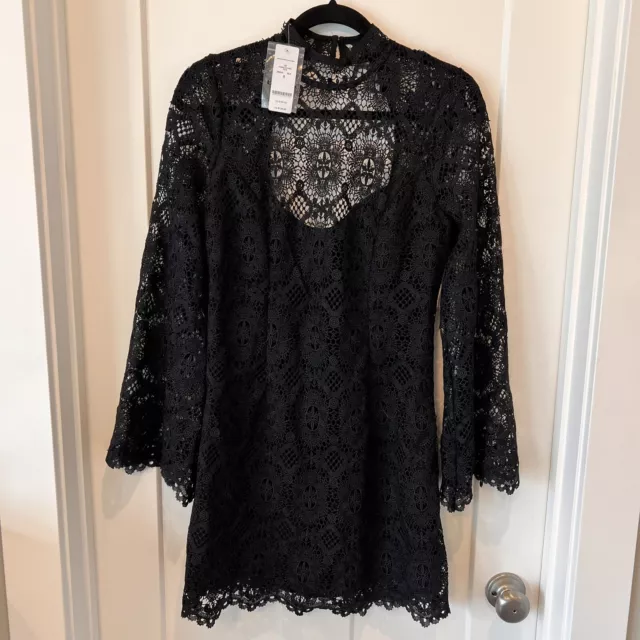 Bebe Black Mock Neck Crochet Lace Long Sleeve Dress Size 8 NWT