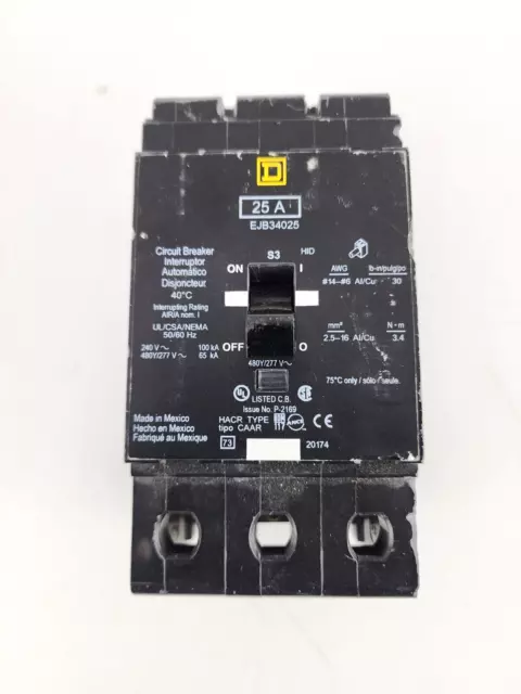 Used Square D EJB34025 25A 3P 480V 50/60Hz Circuit Breaker *Missing Screws