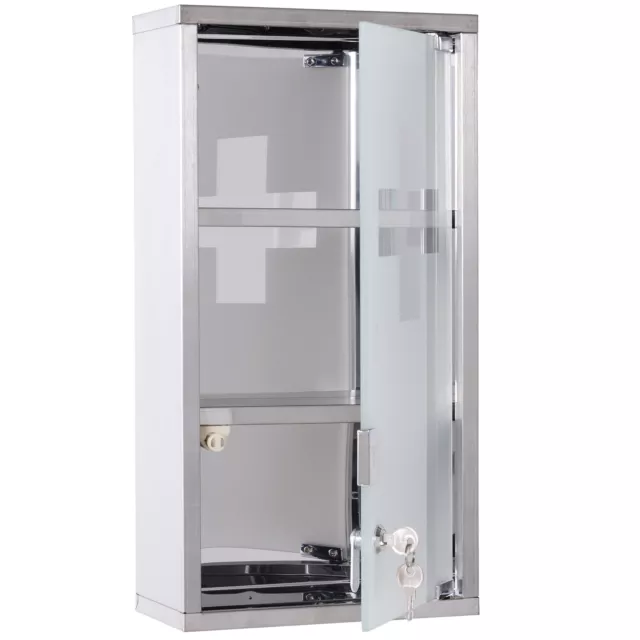 HOMCOM Wall Mounted Medicine Cabinet First Aid Box Glass Door Lockable 3 Shelves