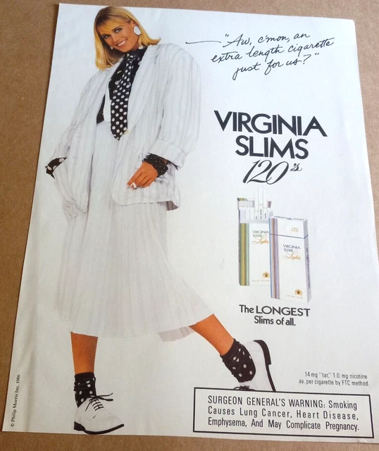 1986 PRINT AD Virginia Slims cigarette Blonde Girl smoking fashion