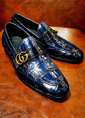 Premium Quality Blue Alligator Print Leather Moccasin Slip On Party Wear Shoes