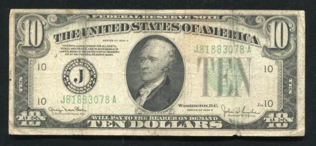 1934-D $10 Ten Dollars Frn Federal Reserve Note Kansas City, Mo 