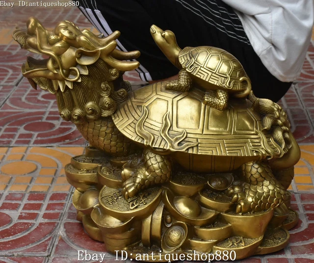 BRONZE PUR RICHESSE argent tortue du dragon tortue Loong Statue Animal