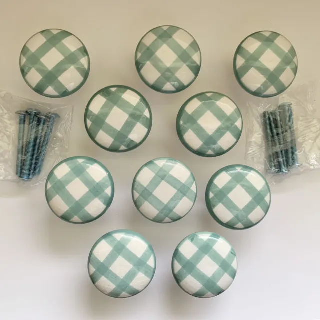 10 Porcelain Draw Pulls Knobs Green Gingham Check Screws 1.5” Country Farmhouse