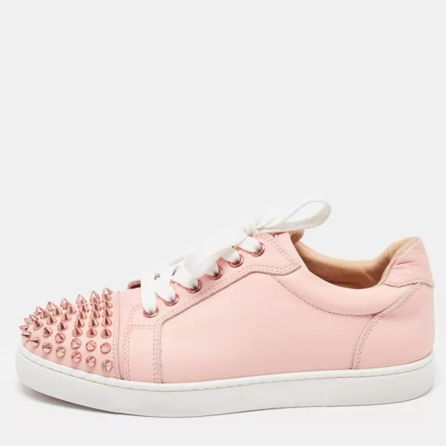 Christian Louboutin Pink Leather Louis Junior Spikes Low Top Sneakers Size 37.5