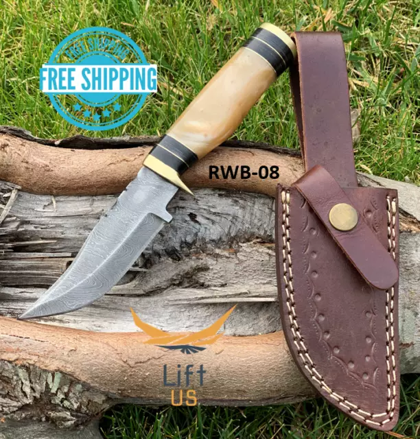 Custom HANDMADE DAMASCUS STEEL KNIFE HUNTING W/LBrown Resin & Brass Guard Handle