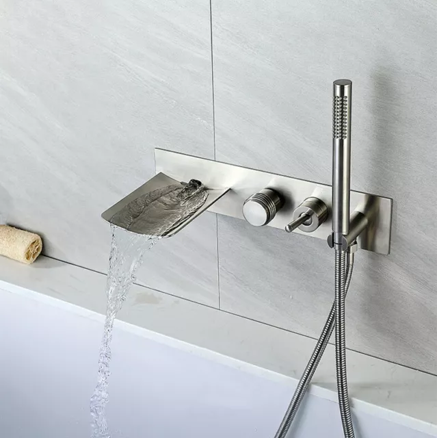 Modern Brushed Nickel Waterfall Bathtub Faucet Two Handles Wall Mounted Mixer