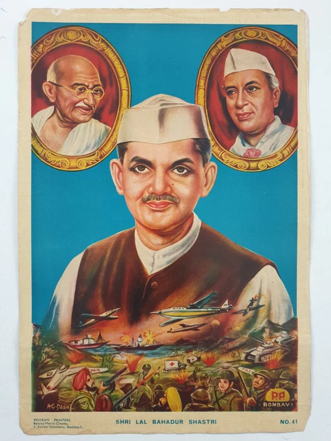 India Vintage 60's Stampa Shastri Gandhi Nehru Indo Pak Guerra 10in x 1