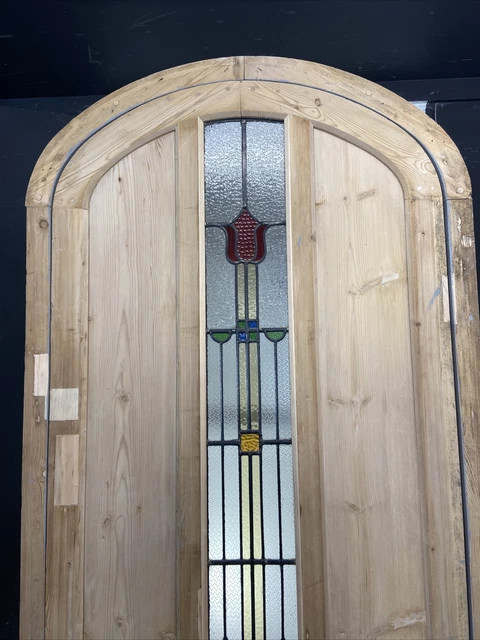 1 Stained Glass Front Door Wooden Reclaimed Old Antique Lead Arched Wood Frame 9