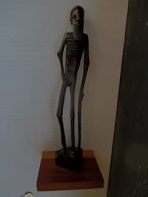 VTG AFRICAN STATUE FOLK ART Ebony Wood Hand Carved Skinny Tribal Man 14”