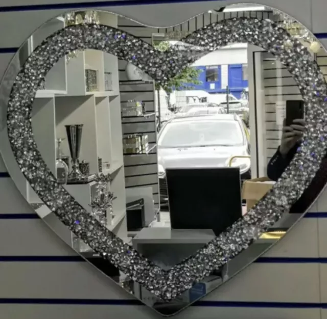 SPARKLY BLING STUNNING CRUSHED DIAMOND CRYSTAL LOVE HEART WALL MIRROR 70x80cm