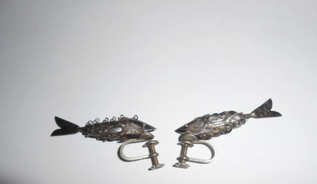Taxco Mexico Sterling Silver Articulated Fish Earrings.
