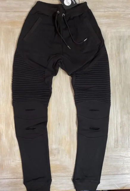 Mens Joggers Boohoo Man Large RRP £30 Fitted Ribbed Black Destroyed