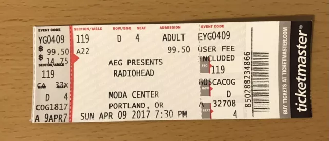 2017 Radiohead Portland Concert Ticket Stub Ok Computer Creep Pablo Honey Kid A