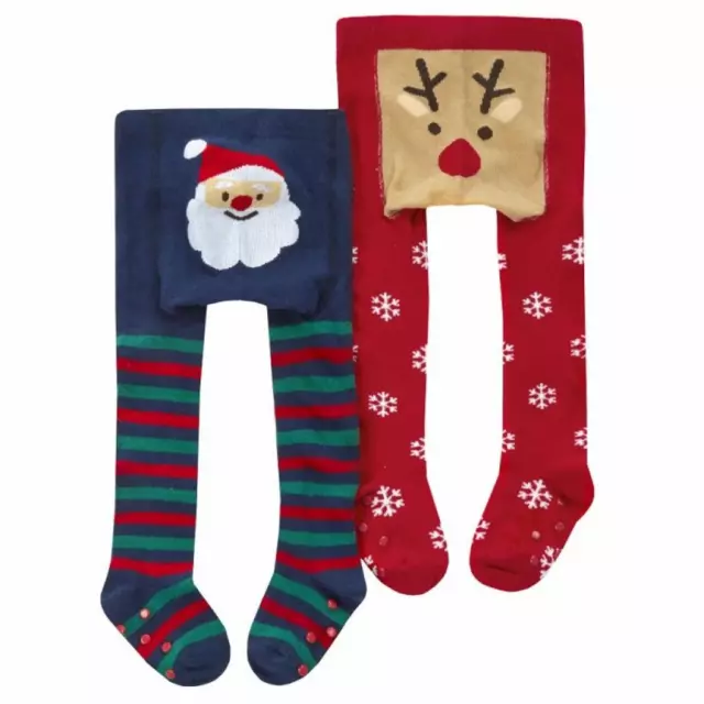 Baby Girls Boys Christmas Tights Festive Santa Reindeer Patch Panel AW '22 0-24M