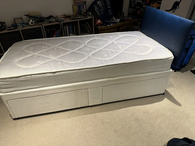 single divan bed with mattress and Blue headboard. Perfect For Kids Room.