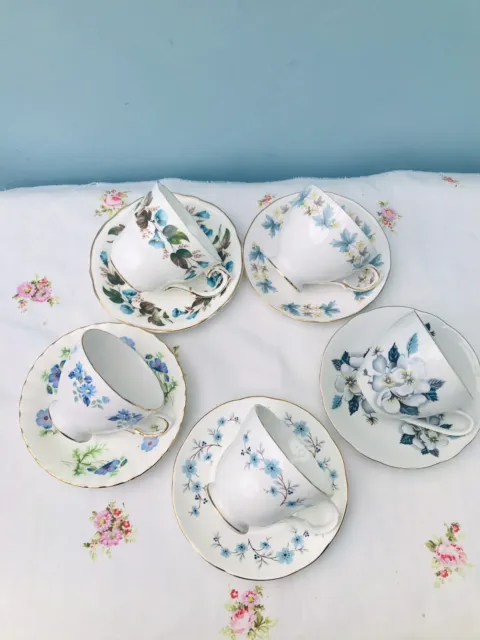 Pretty Set Of 5 Vintage Mismatched Blue Floral China Cups & Saucers