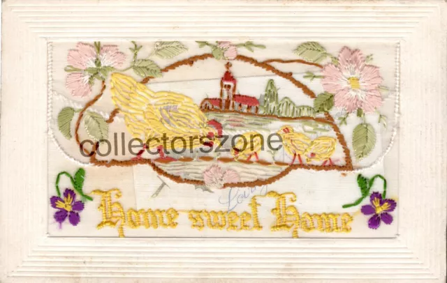 WW1 Silk Postcard Home Sweet Home Church & Flowers