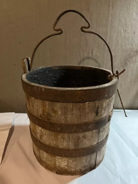 Fantastic 18th Century Antique Well Bucket - Wood & Wrought Iron w/ Pitch Liner