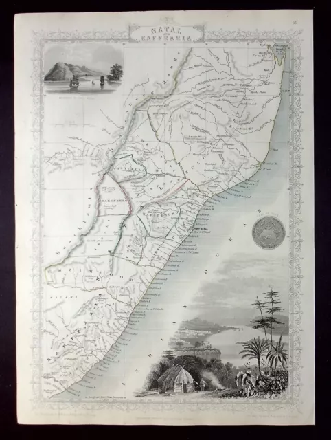 AFRICA, EASTERN CAPE, NATAL, DURBAN, original antique map, RAPKIN, TALLIS, 1851