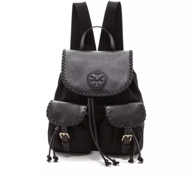 Tory Burch Womens Marion Nylon Leather Backpack Purse Whipstitch Cinchable Black