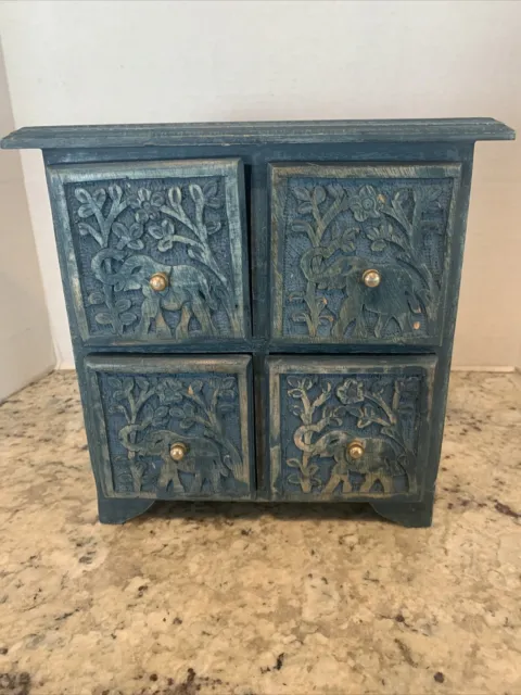 Painted Blue Solid Wood Small Drawer Set, 4 Drawers with Metal Gold Tone Knobs