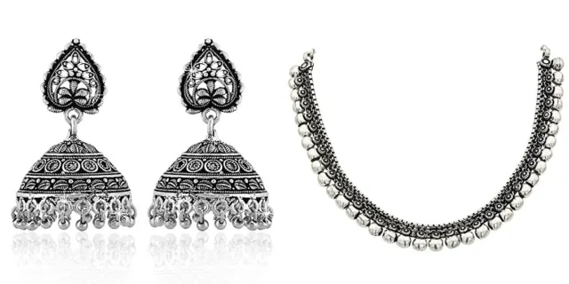 Oxidized Silver Plated chain Necklace with jhumki earrings Jewelry set