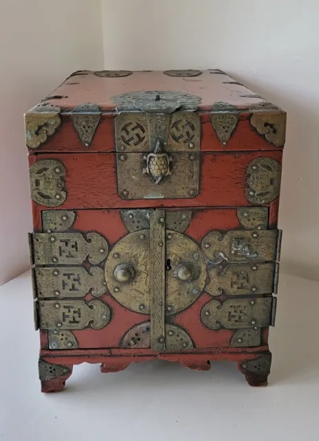 Antique Vtg Small Chinese Lacquer Wood Chest Cabinet Brass Swastikas Bats Turtle