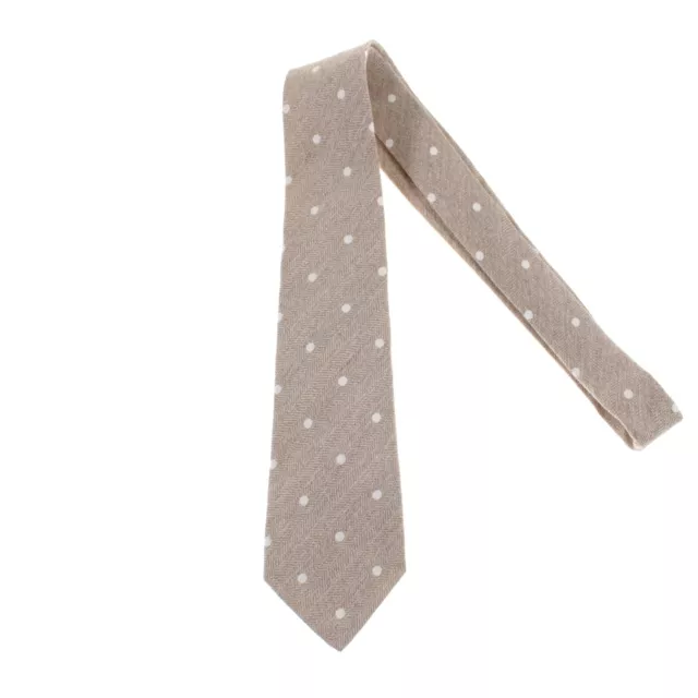 Kiton NWOT Silk/Linen/Wool Seven Fold Neck Tie in Beige w/ Off White Polka Dots