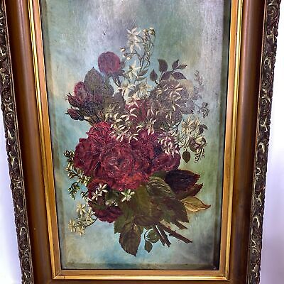 Antique Dark Red Roses Oil Painting w Shabby Ornate Frame 20x12 Original Art