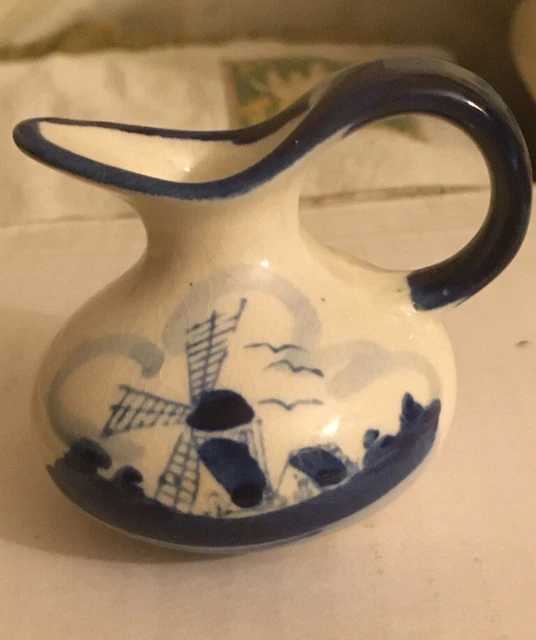 Vintage Delft Pottery Miniature Jug Hand Painted Signed Dutch Blue and White