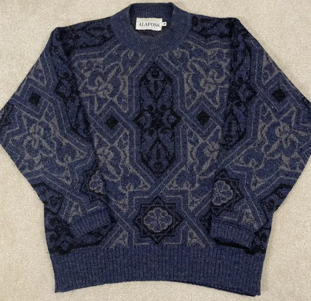 Vintage ALAFOSS Geometric Sweater Mens Medium Navy Blue Pattern Iceland Unisex