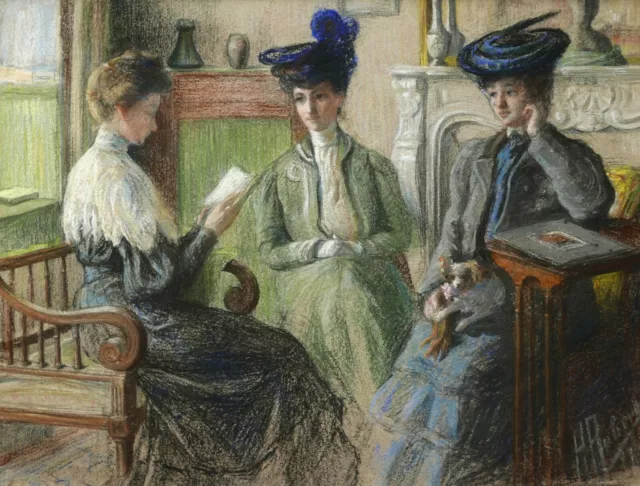 ROBERT dessin pastel tableau art 1900 scène d'intérieur femmes lecture salon