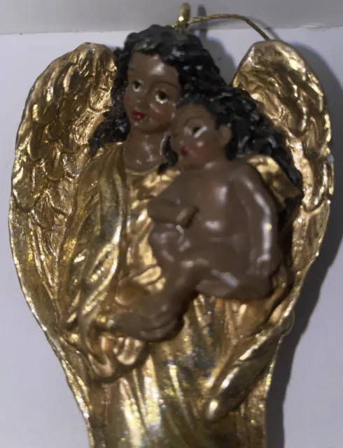 Vtg Kurt Adler African American Tree Ornament Angel Holding A Baby Gold Tone
