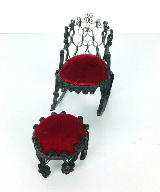 Antique Curled Tin Can Rocking Chair Ottoman Victorian Doll House Folk Tramp Art