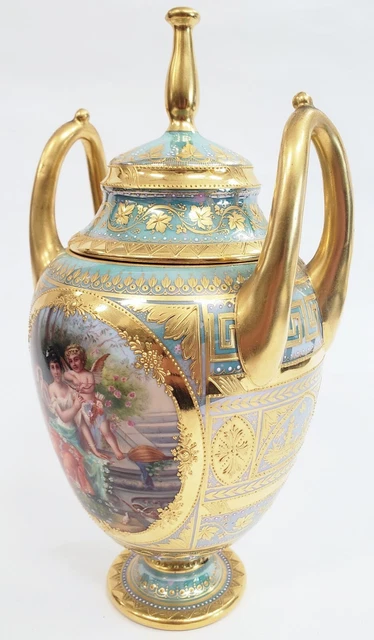 ANTIKE DEUTSCHE 19. Jh. handbemalt ROYAL VIENNA PORZELLAN Urne VASE signiert WAGNER 6