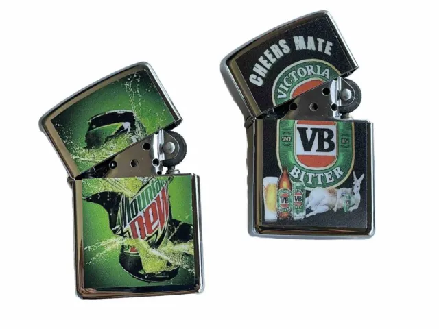 2 PCs Unbranded Windproof Oil Lighter Mountain Dew And Victoria Bitter VB Design