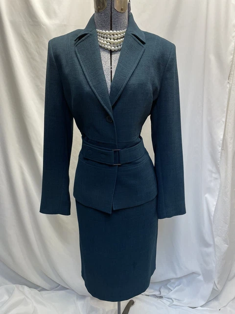 Kasper ASL Skirt Suit Size 10 Two Piece Set 31X24 & Belt Teal Vintage Executive