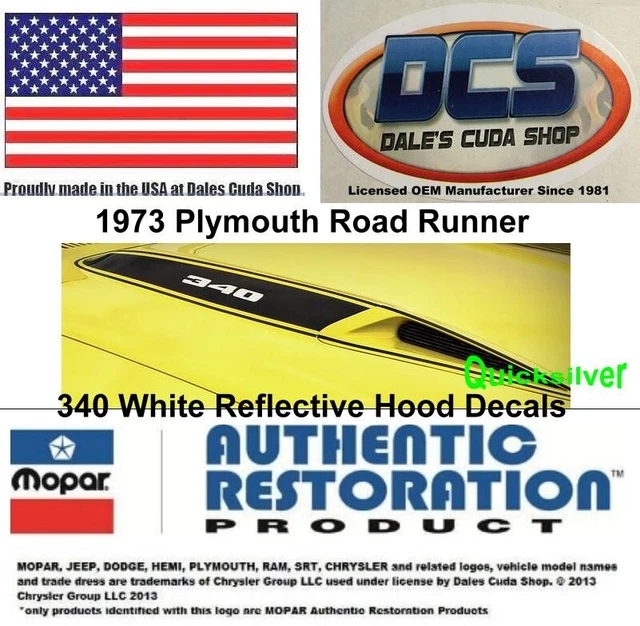 1973 Plymouth road runner 340 White Reflective Hood Decals MoPar USA