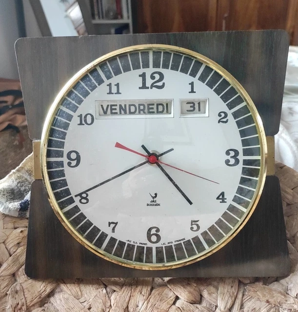 Horloge Murale Vintage JAZ TEVIC – Formica Noyer, Pendule Fonctionnelle Années 70