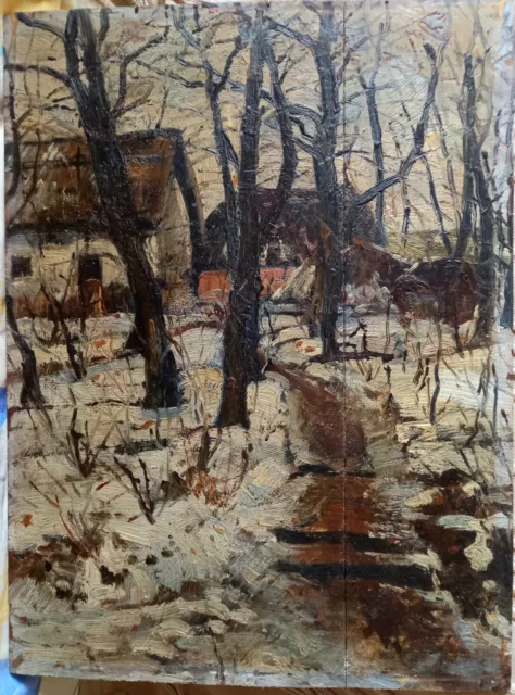 huile sur panneau de bois ancienne paysage de neige vers 1920 impressionniste 2