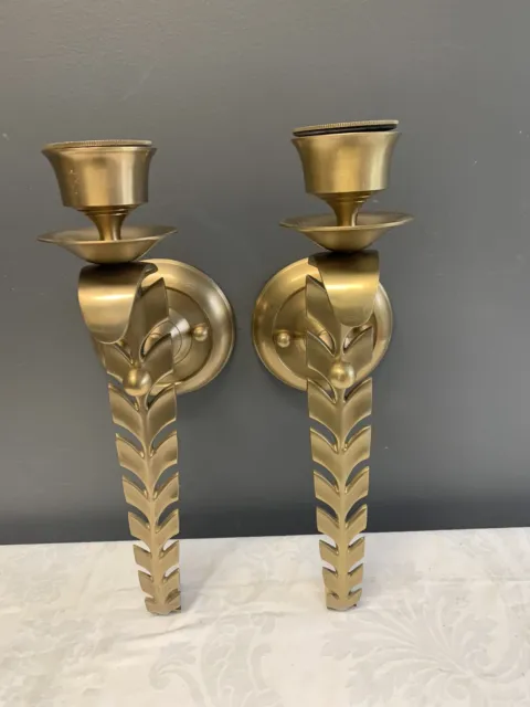 PAIR Bombay Company 15" Heavy Brass Candle Sconces /Gold Wall Light, Leaf design